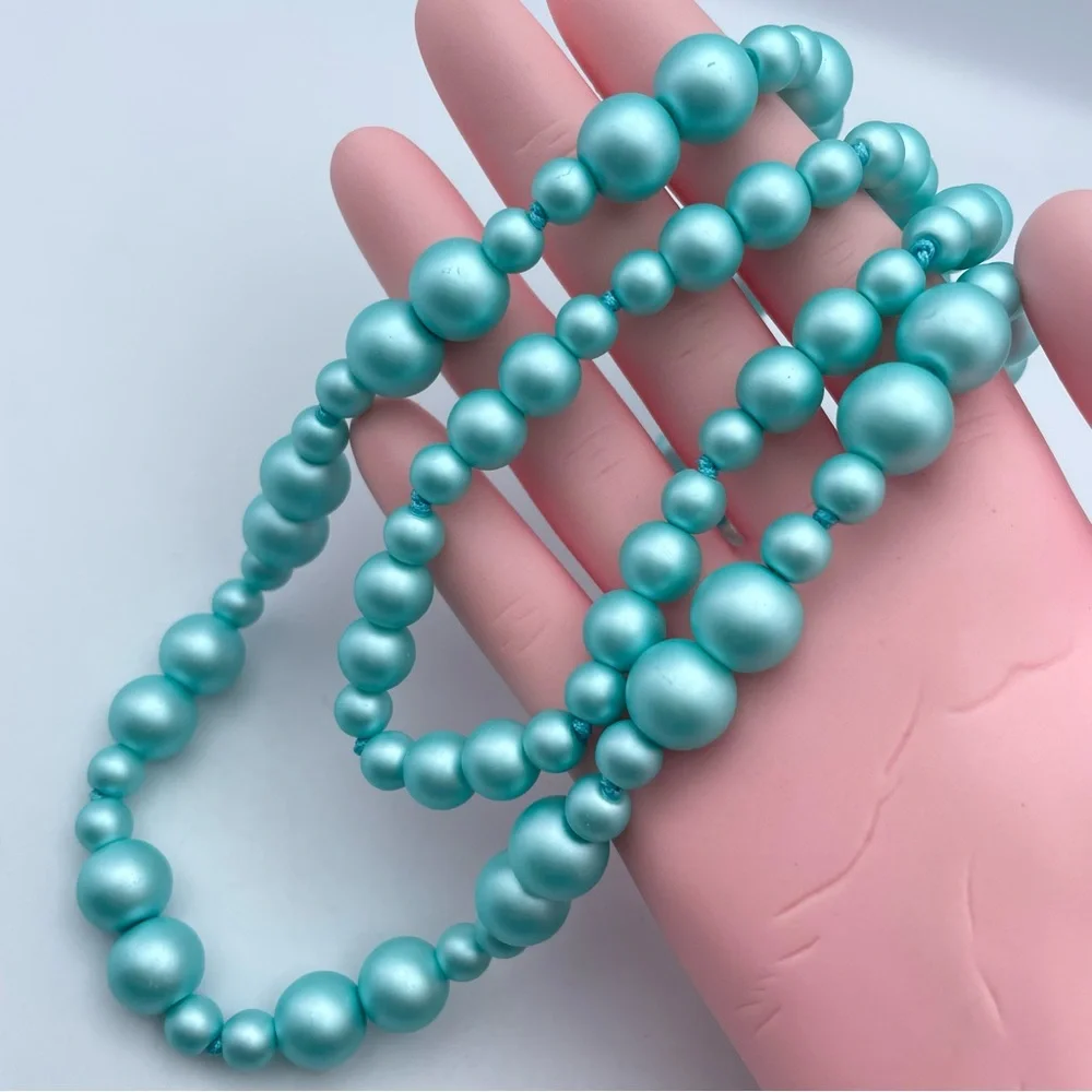 Sterling Silver knotted Double Strand Turquoise Faux Glass Pearl Necklace